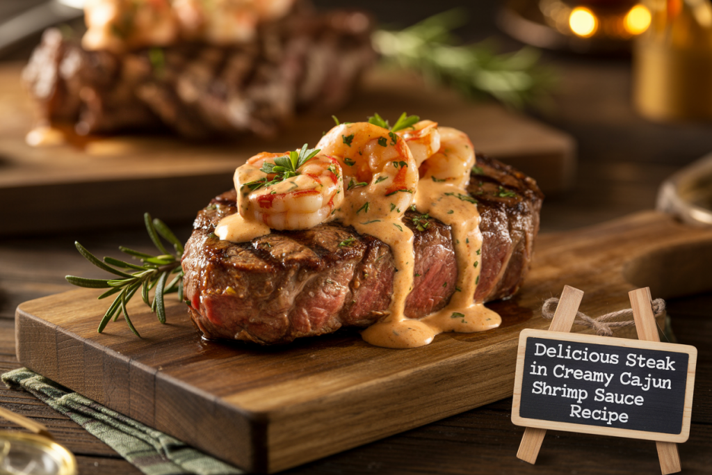 Delicious Steak in Creamy Cajun Shrimp Sauce Recipe
