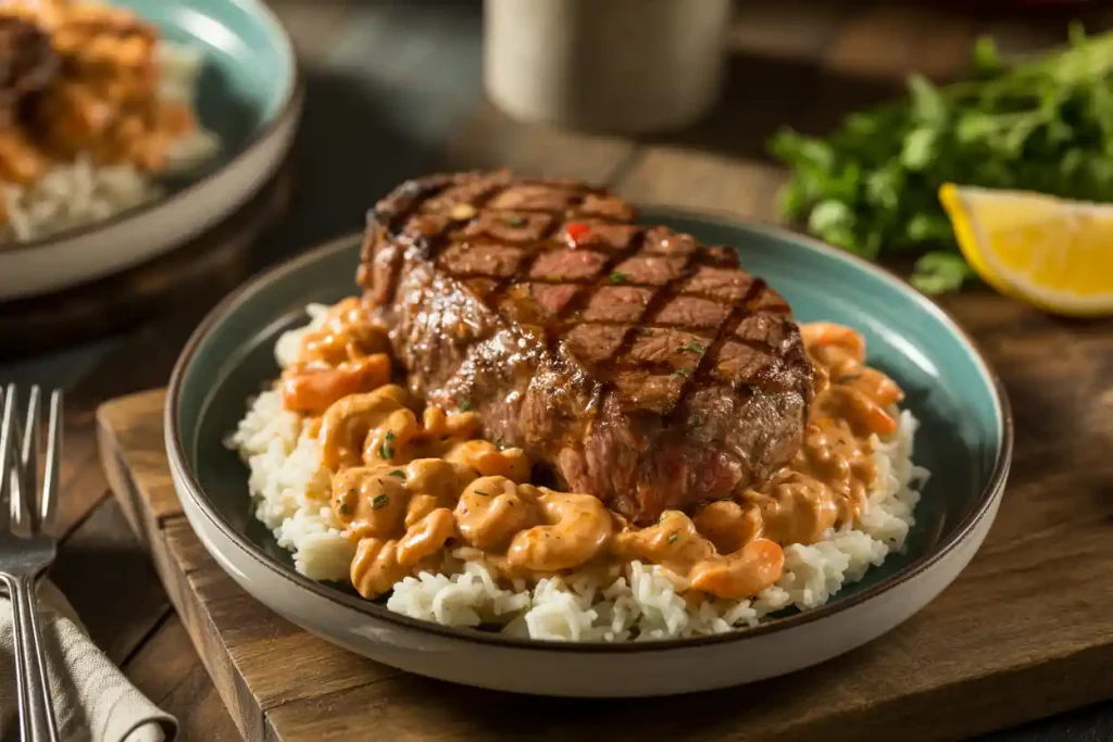 Delicious Steak in Creamy Cajun Shrimp Sauce Recipe
