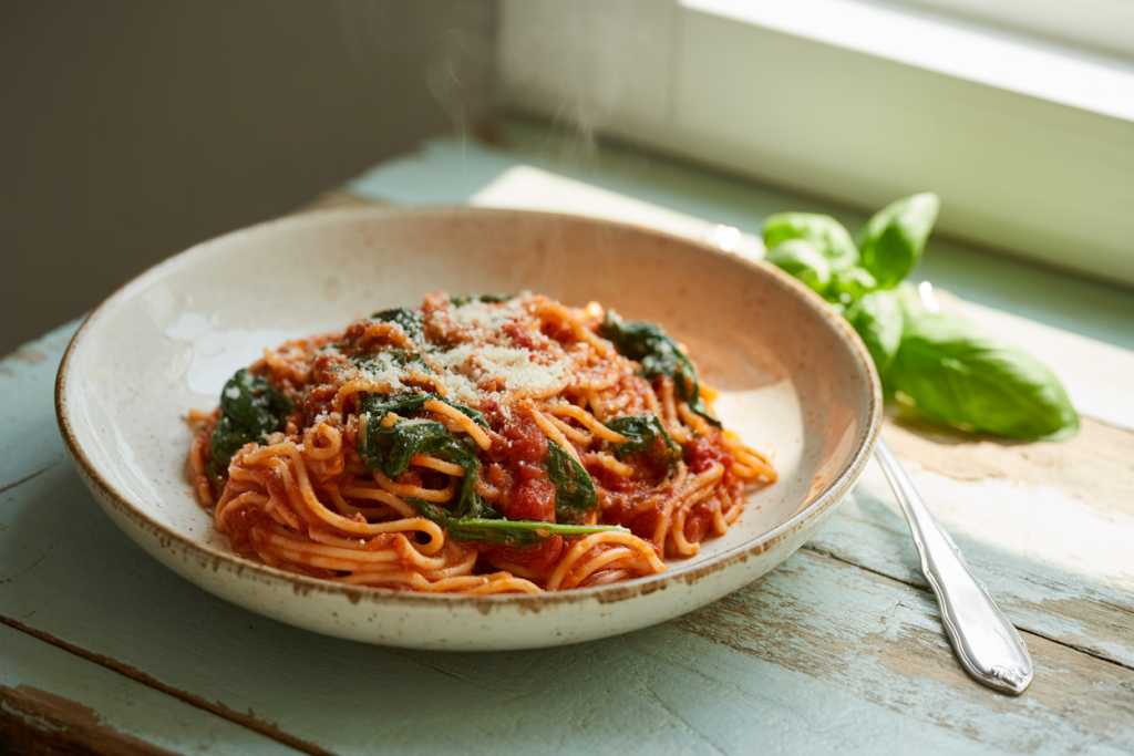 Delicious Tomato Spinach One Pot Pasta