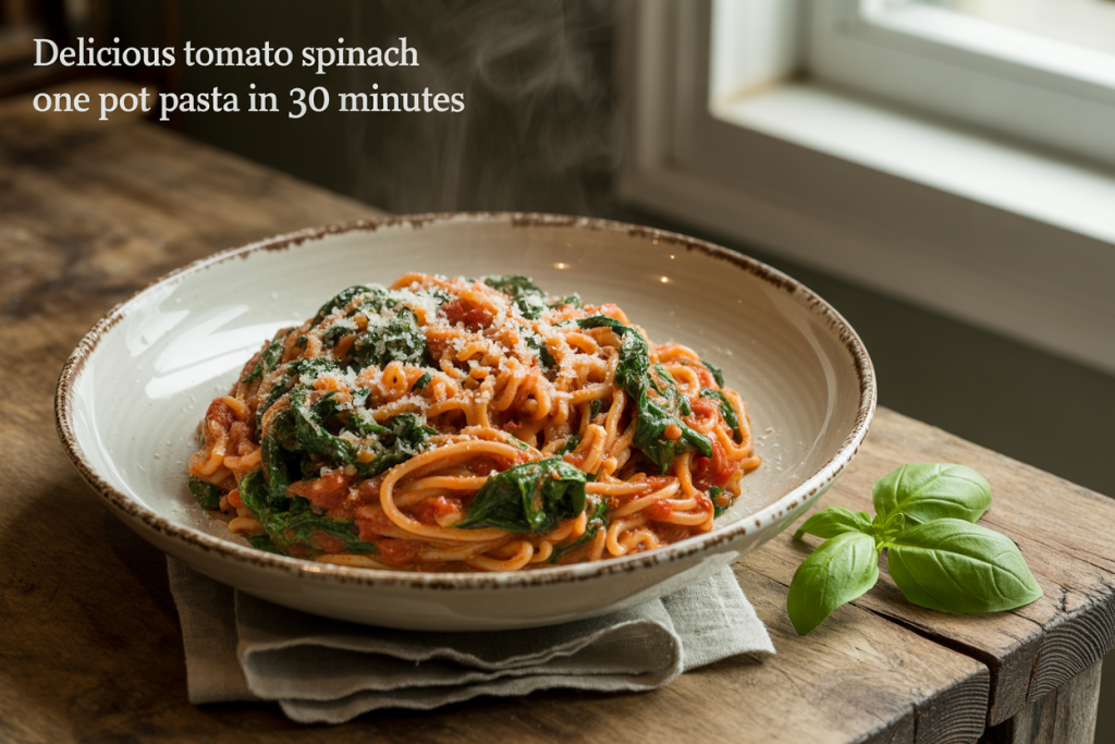 Delicious Tomato Spinach One Pot Pasta