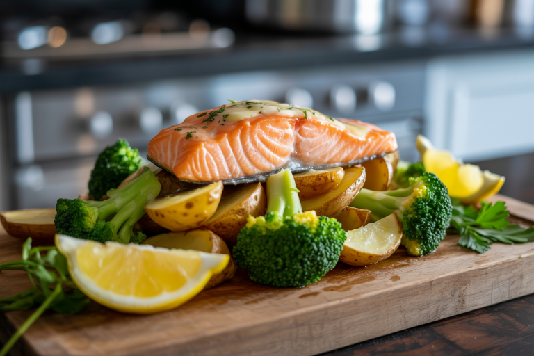 Lemon Butter Salmon with Crispy Potatoes and Broccoli