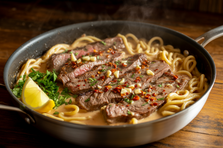 One-Pot Creamy Spicy Garlic Butter Steak & Pasta