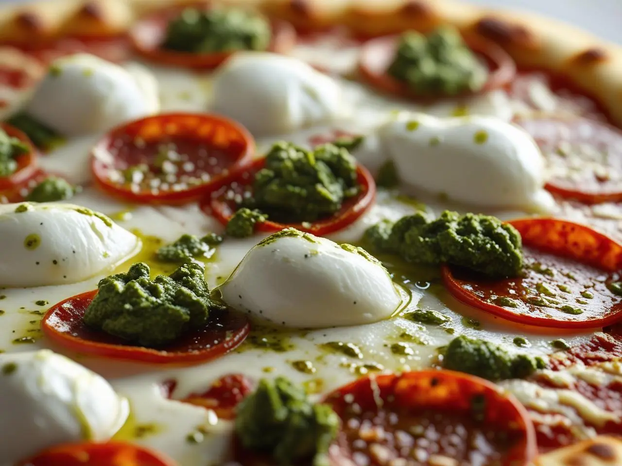 Pepperoni and Burrata Pizza with Pesto