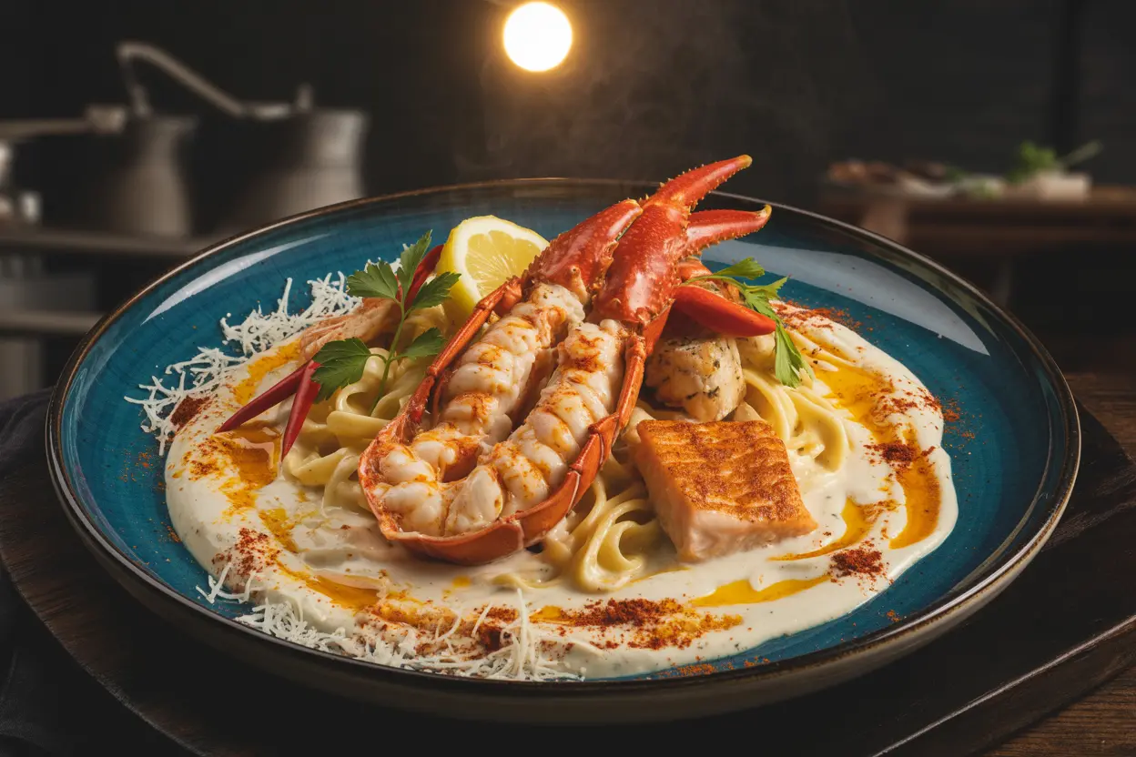 Cajun Lobster Crab and Salmon Alfredo